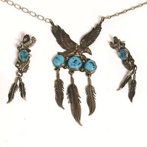Navajo Sterling Silver Turquoise Eagle Necklace & Earrings Set RB Richard Begay